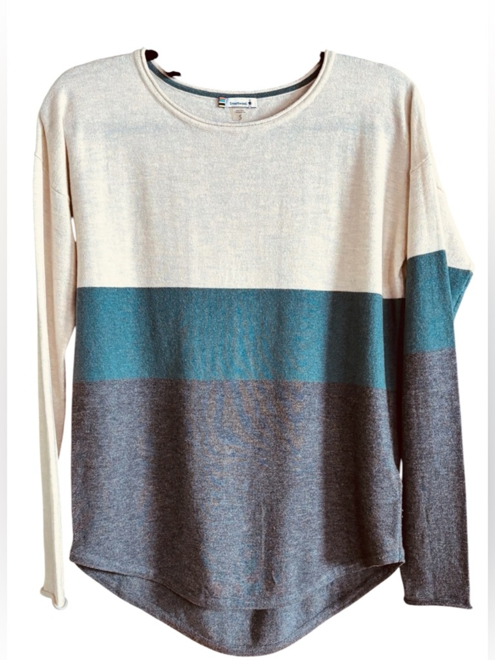 Women's small Smartwool crew neck colorblock sweater in a merino wool blend.